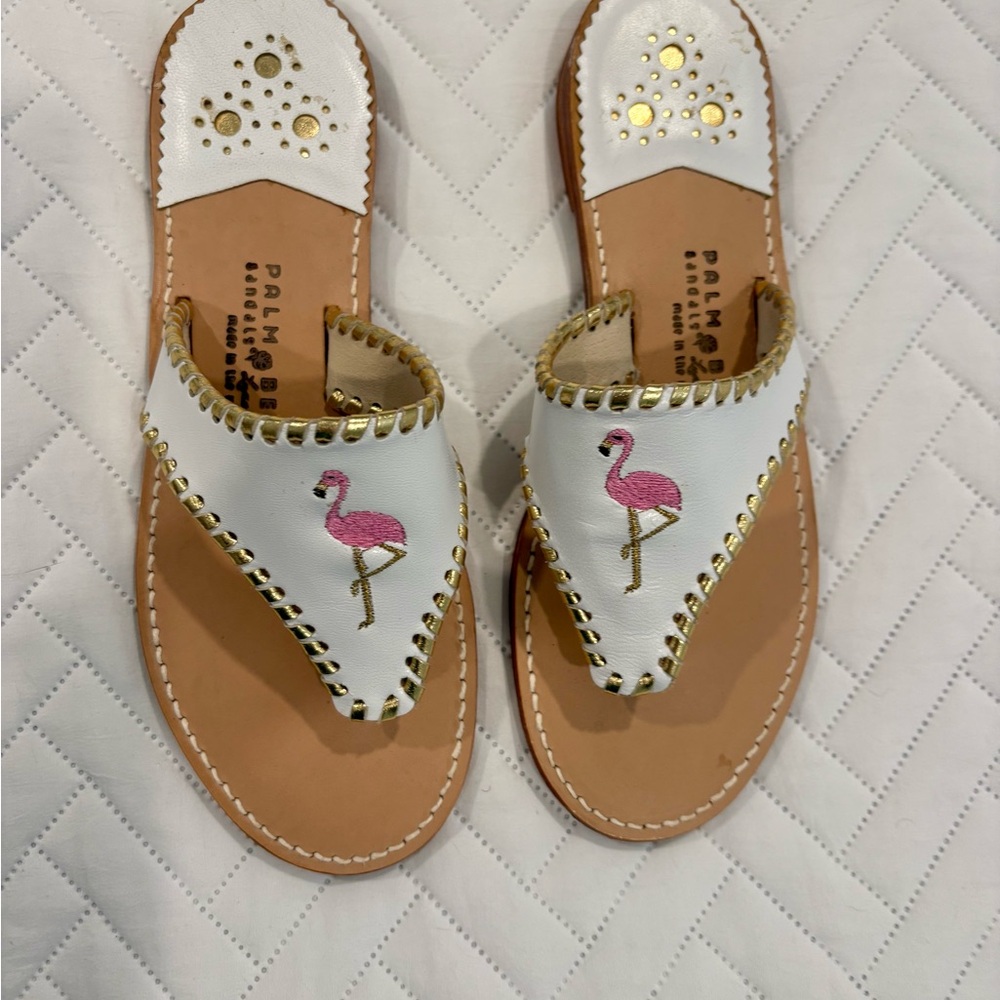 Palm Beach Sandals White Leather Flamingo Embroidered Slide with Gold Trim